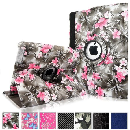 Cellularvilla Apple iPad Air Case 360 Degree Rotating Black Pink Flower Pu Leather Flip Folio Multi-Angle Stand Smart Case Cover with Auto Sleep / Wake Feature for iPad Air / iPad 5 (5th Generation)