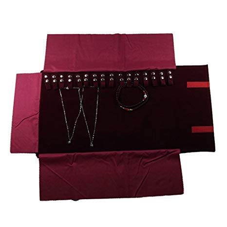 UnionPlus Small Travel Jewelry Case Roll Bag Organizer for Necklace Bracelet Earrings Ring, Burgundy (Large Burgundy (Necklaces Only))