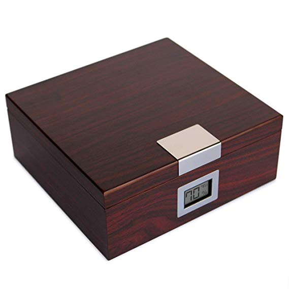 Handcrafted Cherry Finish Cedar Humidor with Front Digital Hygrometer and Humidifier Solution - Holds (25-50 Cigars) by Case Elegance