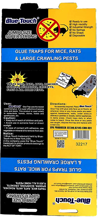 Blue Touch Extra Large Strong Rats Glue Traps, Peanut Butter Scented Glue Boards for Mouse,Rats, mice, Snakes and Crawling pests. Jumbo Size 12.5 x5.8 inches, 1.75 OZ – 12 Traps