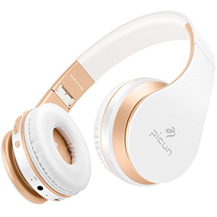 Wireless Headphones Bluetooth Headphone Hifi Stereo Bass Foldable Lightweight Headset for Computer Cell Phones TV Tablet Laptop with Mic Volume Control TF Card Wired Mode, Picun - White Gold