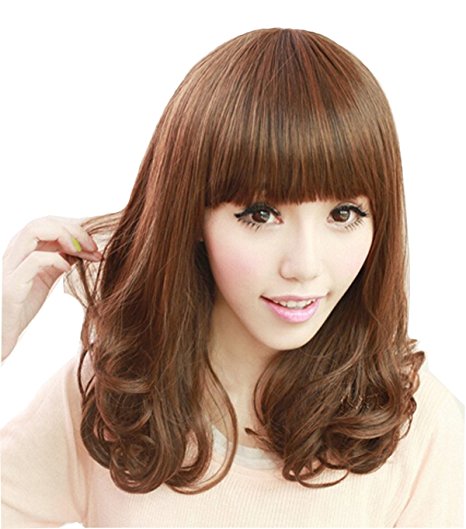 15.7" 40CM Women's Long Curly Wave Wig with Bangs Party Wig with Wig Cap(Dark Brown)