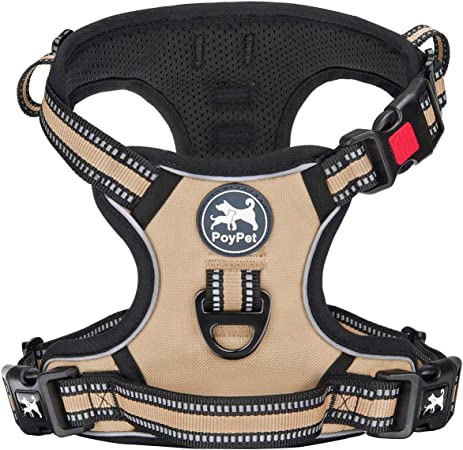 PoyPet No Pull Dog Harness, [Release at Neck] Reflective Adjustable No Choke Pet Vest with Front & Back 2 Leash Attachments, Soft Control Training Handle for Small Medium Large Dogs