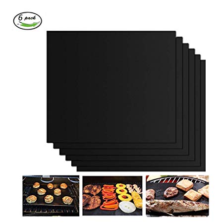 GQC Grill Mat, Set of 6 BBQ Grill Mat Nonstick Reusable Barbecue Baking Mat Teflon Cooking Mats for Electric Grill Gas Charcoal BBQ, FDA-Approved, PFOA-Free, 15.75 * 13Inch, Black