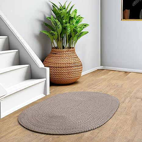 Super Area Rugs Gray Braided Rug Mudroom Entryway Rug - Textured Washable Rug for Kitchen Sink Solid Grey Mat - Oval 2' X 3'