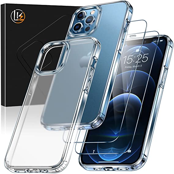 LK Designed for iPhone 12 Case/iPhone 12 Pro Case, [Military Grade Drop Tested] [Never Yellow] with 2 Pack Tempered Glass Screen Protector, Translucent Matte Slim Protective Cover, Matte Clear