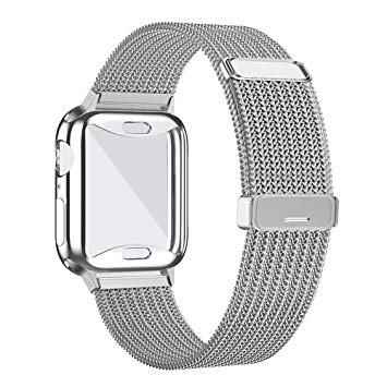 KEOLUS Compatible for Apple Watch Band with Screen Protector 38mm 40mm 42mm 44mm, Soft TPU Protective Case with Stainless Steel Mesh Loop Replacement for iWatch Band Series 5 4 3 2 1