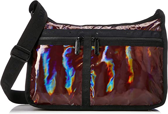 LeSportsac Polaris Dawn Deluxe Everyday Crossbody Bag   Cosmetic Bag, Style 7507/Color F434, Merlot/Burgundy Iridescent Patent Specialty Material, LeSportsac Logo Strap/Trim, Wide Black Zipper Detail