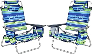 Giantex Beach Chair 2-Pack Sling Camping Chair, Sunbathing Chairs with 5 Adjustable Position, Head Pillow, Storage Bag, Towel Bar, Cup Holders, Folding Fishing Backpack Lawn Chairs