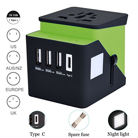 Universal Travel Adapter, RUOBAI Travel Power Converter, All in One Travel Charger with 3 USB & 1 Type-C 3.4A, International Power Adapter for US, UK, EU, AU, Over 200 Countries (Green)