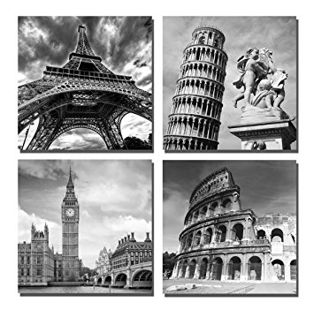 Yin Art- European Architecture Canvas Print Leaning Tower of Pisa & Eiffel Tower Italy Roman Colosseum & London Big Clock Wall Art Classical Artwork 30x30cm