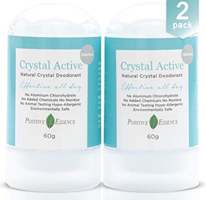 Crystal Deodorant Stone - Crystal Active - 100% NATURAL, LONG LASTING, Single Ingredient, No Aluminum Chlorohydrate or Chemicals - Unscented/Odorless, Thai Crystal Stone, Men and Women, 60g (2 pack)