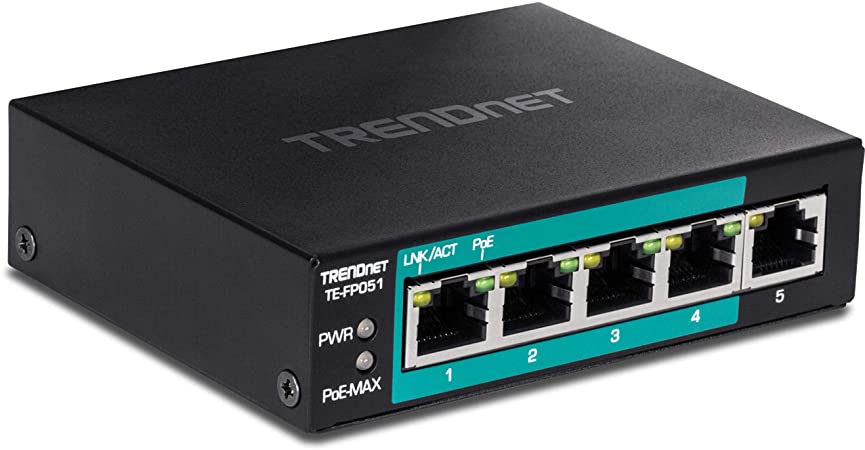 TRENDnet 5-Port Unmanaged Fast Ethernet Long Range PoE  Switch, 4 x PoE  Ports, 1 x Fast Ethernet Port, Camera DIP Switch Extends PoE  250m (820 ft.) at 10Mbps, Black, TE-FP051