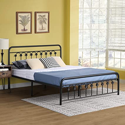 VECELO Vintage Full Size Bed Frame Platform with Headboard and Footboard/No Box Spring Needed,Premium Steel Solid Sturdy Metal Slat Support,Black