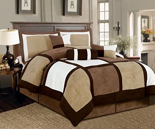 Legacy Decor 7 Pieces Brown & Beige Micro Suede Patchwork Comforter Set Bed-in-a-bag Washable King Size