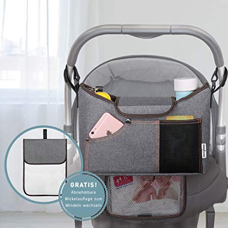 Stroller Organiser , Jerrybox Pram Buggy Buddy Storage Bag With Mobile Phone Holder PLUS Leather Strap (With Diaper Mat)