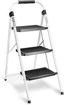 Delxo 3 Step Ladder,Folding Step Stool for Adults with Handle, Lightweight Stepstool Perfect for Kitchen Household,Portable Safe Sturdy Steel Folding Heavy-Duty Three Step Ladder,White