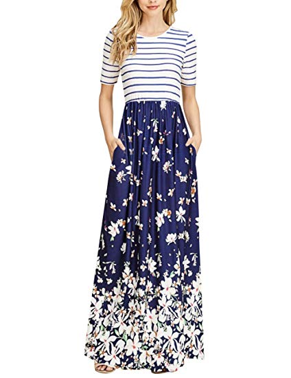 MEROKEETY Women's Striped Floral Print 3/4 Sleeve Tie Waist Maxi Dress with Pockets