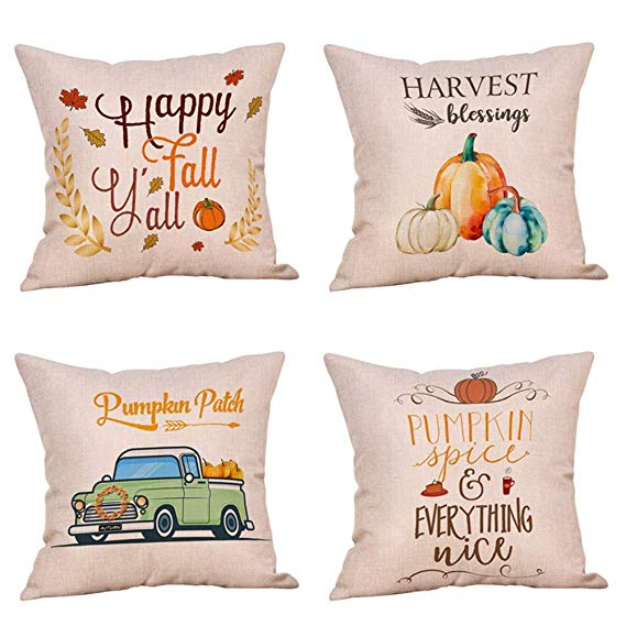 Steven.Smith 4 Pack Pumpkin Spice Quotes Happy Fall Throw Pillow Case Harvest Blessing Thanksgiving Cushion Cover 18 x 18 Inch Cotton Linen Autumn Farmhouse Decor (Pumkin Spice)