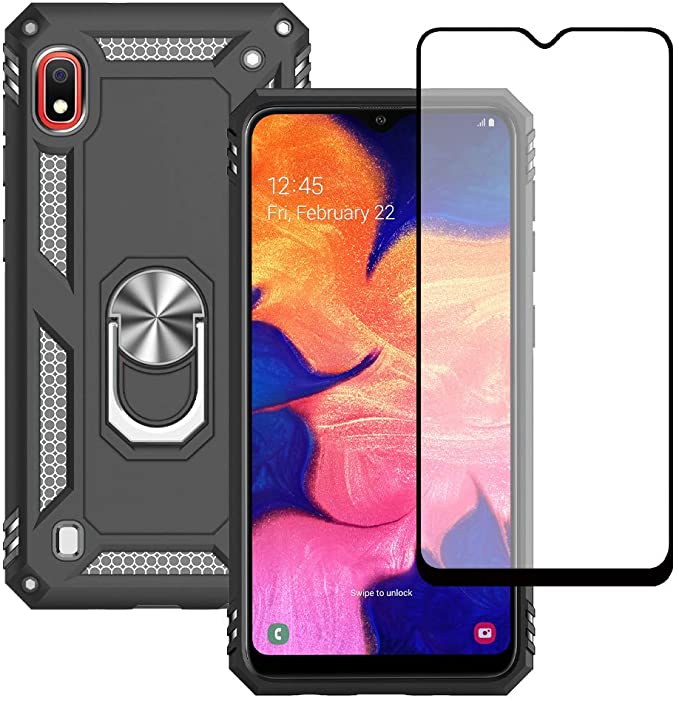 Yiakeng Samsung A10 Case With Tempered Glass Screen Protector, Silicone Shockproof Military Grade Protective Phone Cover with Ring Kickstand for Samsung A10 (Black)