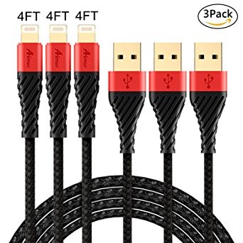 Aimus iPhone Charger Lightning Cable 3 Pack Nylon Braided Fast Charging Cables Lightning to USB Charging Cord for iPhone X/8/8 Plus/7/7 Plus/6/6 Plus/5/5S/5C/SE, iPad Air iPod, 4FT 4FT 4FT-BLK