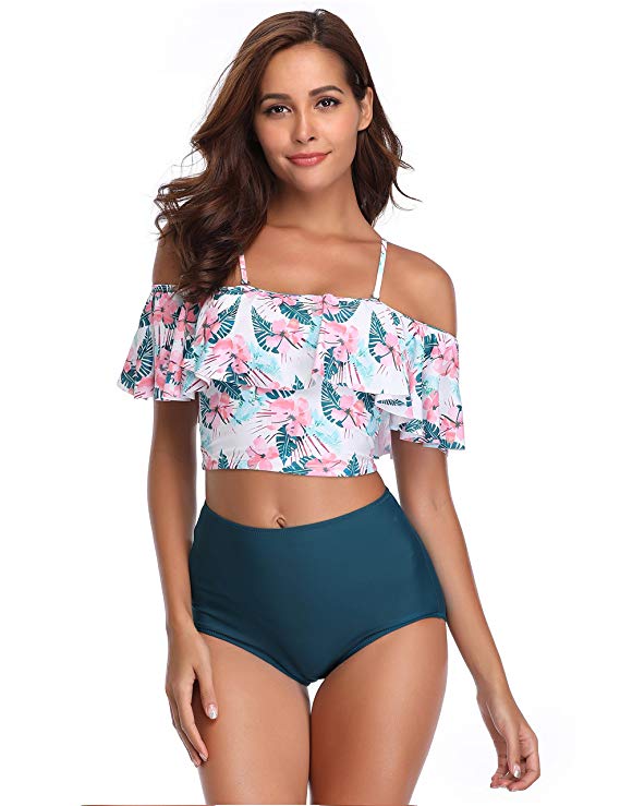 MarinaVida Women Off Shoulder Ruffle Swimsuit Crop Top Two Piece Bathing Suit