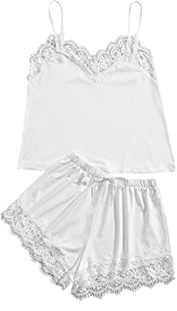 DIDK Women's Lace Trim Satin Sleepwear Sleepwear Cami and Shorts Pajama Set