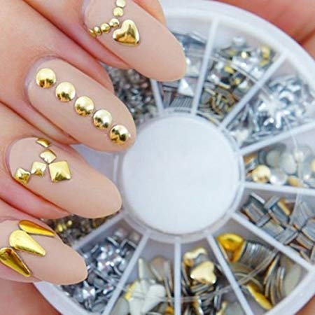 Professional High Quality Manicure 3D Nail Art Decorations Wheel With Gold And Silver Metal Studs In 12 Different Shapes By VAGA