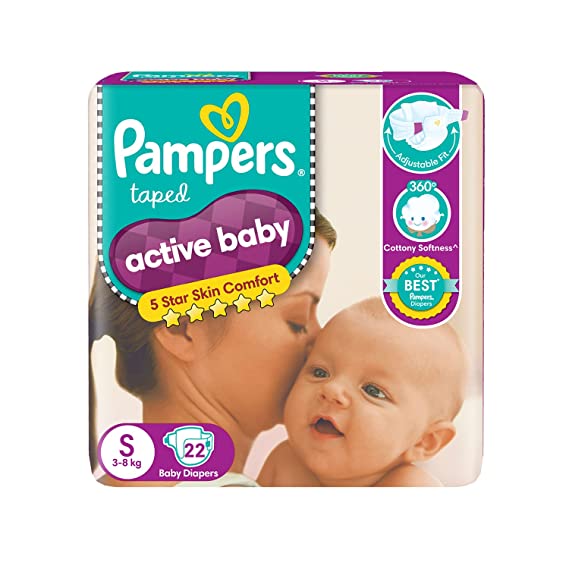 Pampers Active Baby Taped Diapers, Small size Diapers, (S) 22 count taped style custom fit