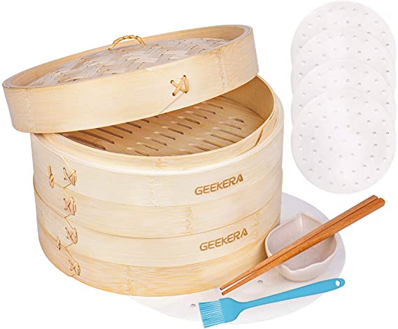 Bamboo Steamer Basket 10 Inch, GEEKERA 2 Tiers Dumpling Steamer for Dimsum, Vegetables, Meat, Fish, Bao Buns, Included Chopsticks, 50 Parchment Liners, Silicone Brush, Sauce Dish