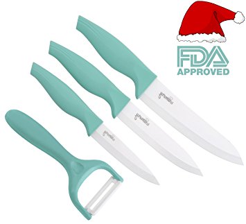 Ceramic Knives 4 pieces set. Professional utensils. Lead and Chemical free on your food. Ultralight, Ultrasharp and Long Resistance, hard to brake. Ergonomic design. Ideal for veggies and meat chefs.