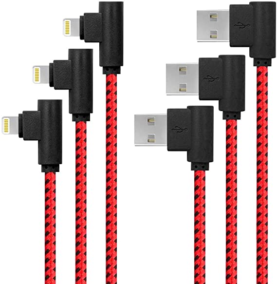 iPhone Charger, 3 Pack Lightning Cable Right Angle iPhone Charger Cord Compatible iPhone Xs MAX XR X 8 8Plus 7 7Plus 6s 6sPlus 6 6Plus SE 5 SE iPad iPod & More (Black/Red,3/6/10FT)