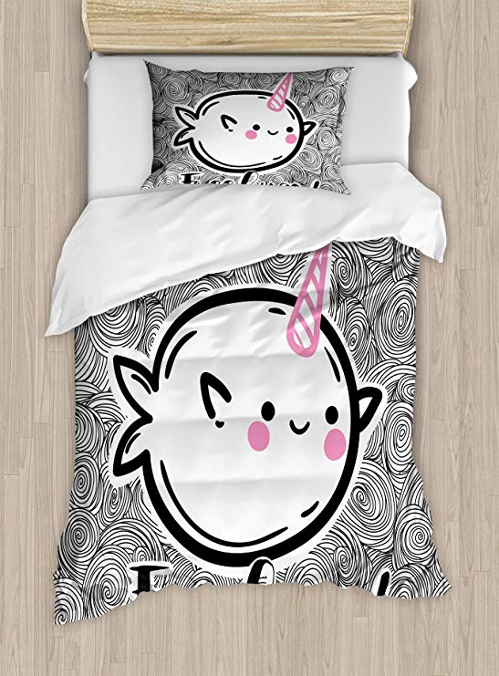 Ambesonne Narwhal Duvet Cover Set Twin Size, Abstract Spiral Doodle Background with Sketch Style Arctic Ocean Mammals, Decorative 2 Piece Bedding Set with 1 Pillow Sham, Pink Black White