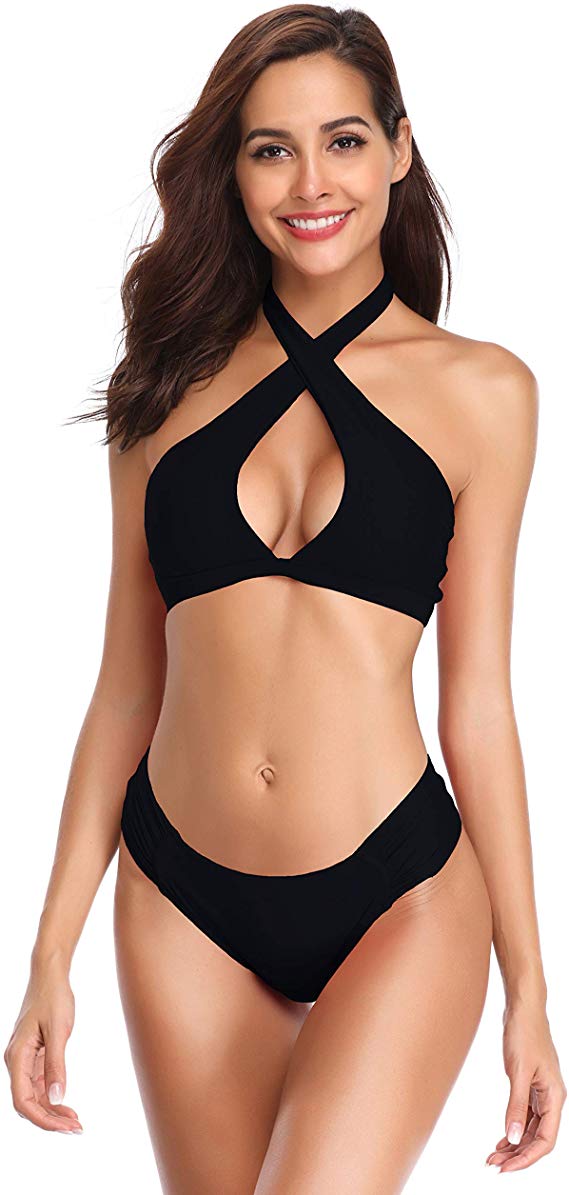 SHEKINI Womens Sexy Halter Criss Cross Brazilian Push up Ruched Triangle Bottom Bikini Swimsuits