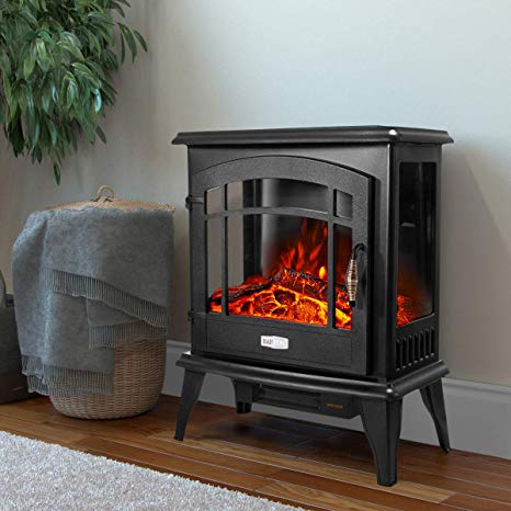 Barton 3 Sided 1500W Vintage Electric Standing Fireplace Stove Heater Infrared Quartz Freestanding 3D Dancing Flame Log Stove Firebox