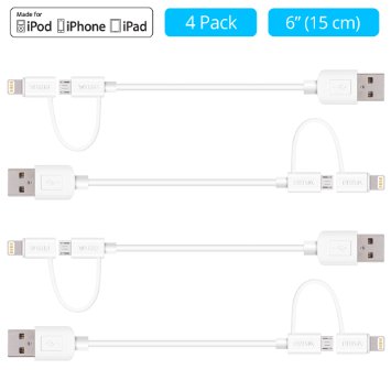 Apple MFi Certified Lightning Cables [4-Pack] - Skiva USBLink Duo Short 2-in-1 Sync and Charge Cable (6" / 0.5ft) with Lightning & microUSB for iPhone 6s SE, iPad, Samsung Galaxy (White) [Model:CB148]