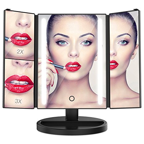 BESTOPE Makeup Mirror Large Vanity LED Mirror with 3x/2x Magnification, Trifold Lighted Mirror with 24 LED Lights, Touch Screen, 180° Rotation, Battery and USB Powered,Countertop Cosmetic Mirror