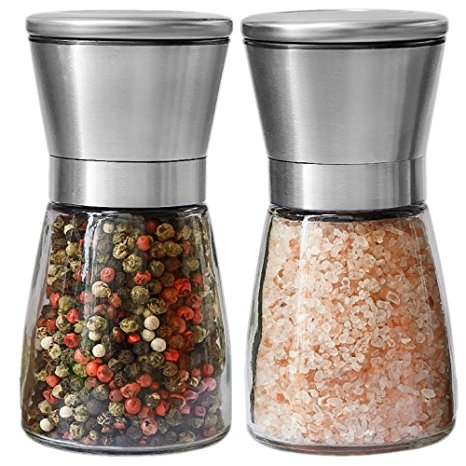 CALISH Salt and Pepper Grinder Set Adjustable Coarseness Stainless Steel Salt and Pepper Mills and Glass Body (2pcs)