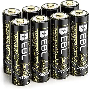 EBL 8PCS AA Piles Rechargeables Dragon, Piles AA Rechargeables Pro 2800mAh 1.2V NiMH, Extrême Performance Durable Couleur d'or