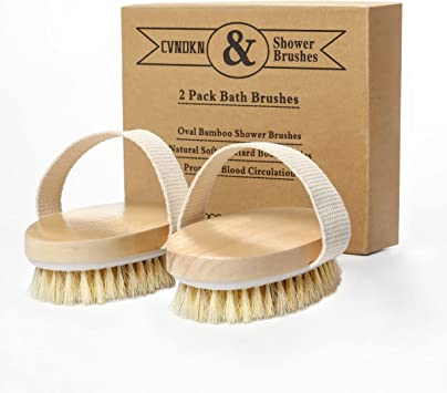 2 Pack Bath Brushes for Exfoliating and Cleaning,Oval Bamboo Brush,Natural Soft and Hard Boar Bristles,Suitable for Whole Body Massage to Promote Blood Circulation.(Dry or Wet Brushing)