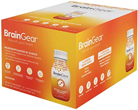 BrainGear Brain Booster Shot, Drink Supplement, Lifts Brain Fog, Improves Focus, Clarity, Memory, Brain Function | Anti-Anxiety and Mood Balance, Not Caffeine Based, 4.5oz (Tangerine) (12-Pack)