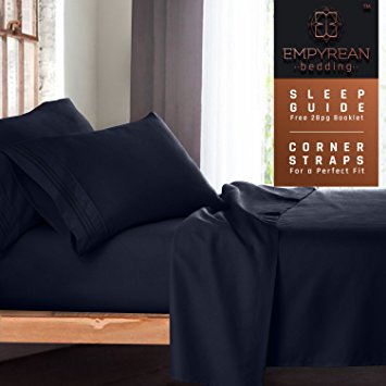 Queen Size Bed Sheets Set, Dark Navy Blue - Soft Luxury Best Quality 4-Piece Bed Set - Features Special Tight Fit Corner Straps on Extra Deep Pocket Fitted Sheets   Fun "Better Sleep Guide"