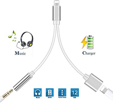 Headphone Adapter Lἱghtning to 3.5mm AUX Audio Jack Dongle Adaptor Car Charger for iPhone Adapter 2 in 1 Splitter Connector for iPhone 7/X/XS/XR/8/8Plus Music and Cable Charging Compatible for IOS12