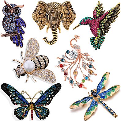 7 Pieces Women Brooch Set Crystal Pin Vintage with Dragonfly Butterfly Hummingbird Owl Elephant Peacock Bee Animal and Insect Brooch Pin for Women Girls