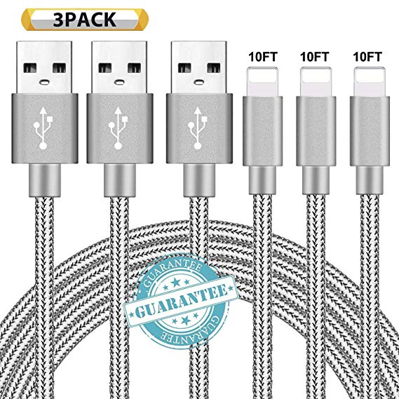 DANTENG Phone Charger 3Pack 10FT Nylon Braided Charging Cables USB Charger Cord, Compatible with Phone MAX XR X 8 8 Plus 7 7 Plus 6 6 Plus Pad and Pod -Grey