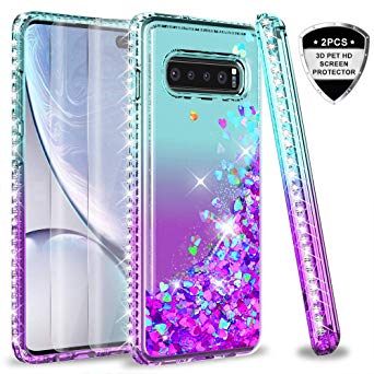 Galaxy S10 Plus Case, Galaxy S10  Case (Not Fit S10) with 3D PET Screen Protector [2 Pack] for Girls Women, LeYi Glitter Diamond Liquid Quicksand Clear Phone Case for Samsung S10 Plus ZX Teal/Purple