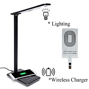 LED Desk Lamp with Qi Wireless Charger Pad, Dimmable Folding Bedside table Lamp - 4 Lighting Modes, 5-Level Dimmer Touch - Sensitive Control - USB Charging Port - Timer Poweroff (Black, Shipped with Charging Receiver for iPhone)