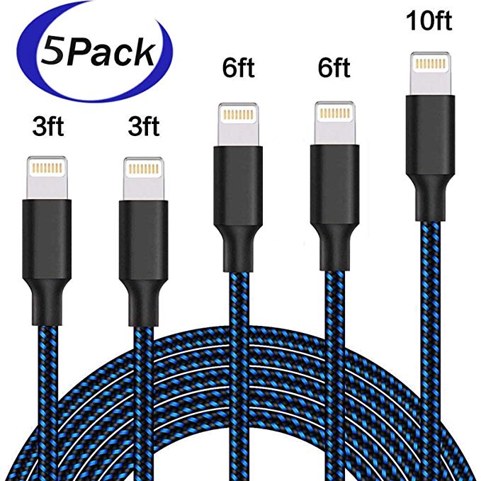 iPhone Charger, MFi Certified iPhone Cable 5 Pack [3/3/6/6/10FT] Extra Long Nylon Braided USB Charging&Syncing Cord Compatible with iPhone 7/7Plus/XS Max/XS/XR/X/8/8Plus/6S/6S Plus/SE (Black&Blue)