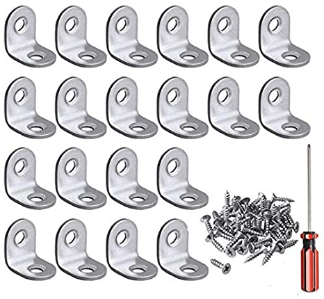 Color Scissor 20 Pieces Corner Braces Set, 20mmx20mm Stainless Steel L Bracket Steel Joint Right Angle Bracket Fastener, 20 Pieces with 40 Pieces Screws
