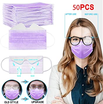50/100 Pcs 3-Ply Disposable Face Macks, Anti-Fog Face Shield for People Who Wear Glasses, Latest Technology (50, Purple)